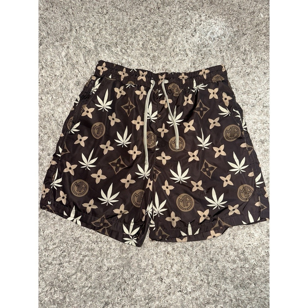 Maison Article Swim Trunks Small Brown Leaf Monogram Print Shorts Marijuana Swim